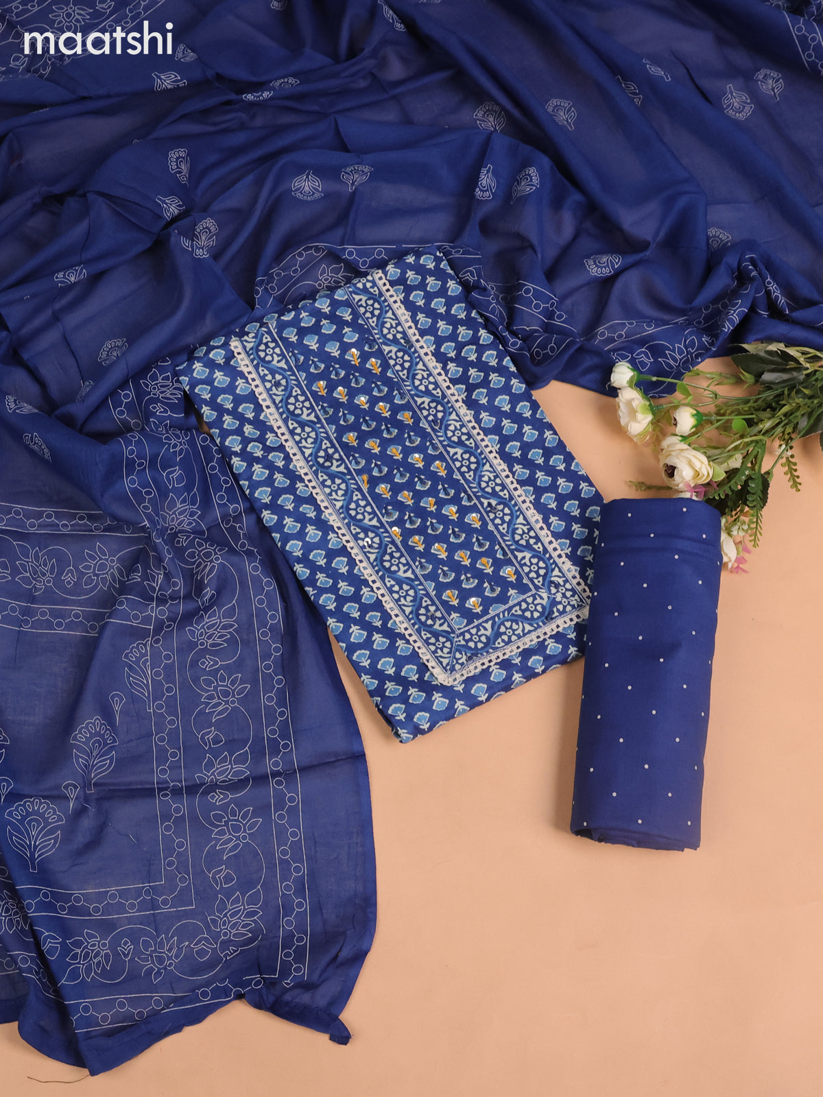 Cotton dress material blue with allover floral buttas & sequin embroidery work neck pattern and bottom & dupatta