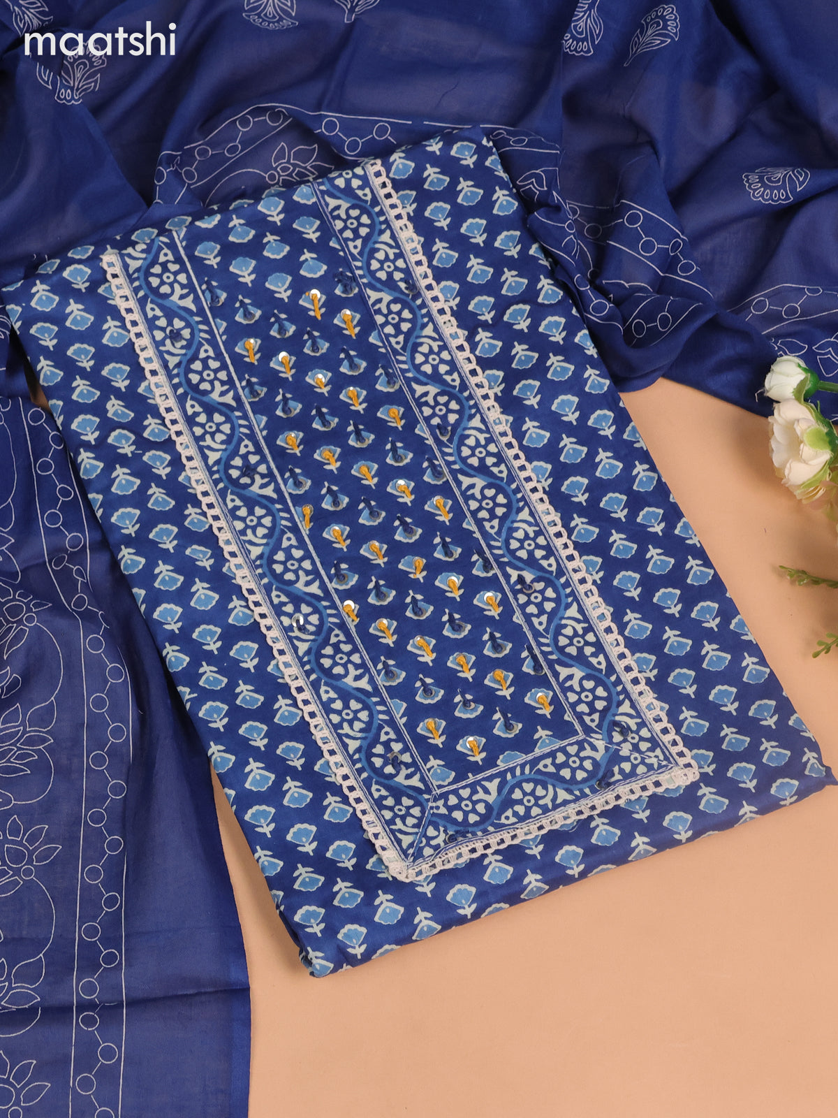 Cotton dress material blue with allover floral buttas & sequin embroidery work neck pattern and bottom & dupatta