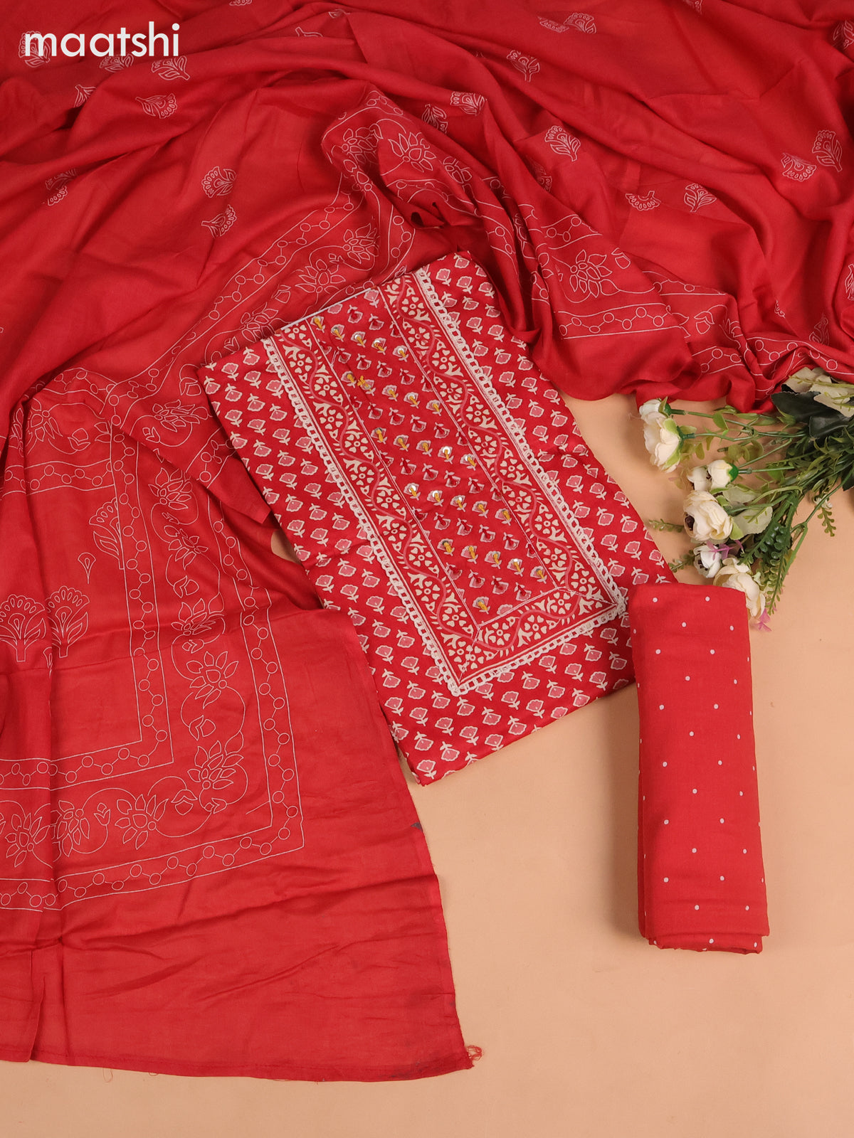 Cotton dress material red with allover floral buttas & sequin embroidery work neck pattern and bottom & dupatta