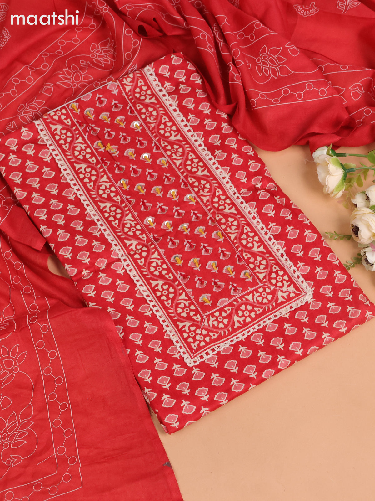 Cotton dress material red with allover floral buttas & sequin embroidery work neck pattern and bottom & dupatta