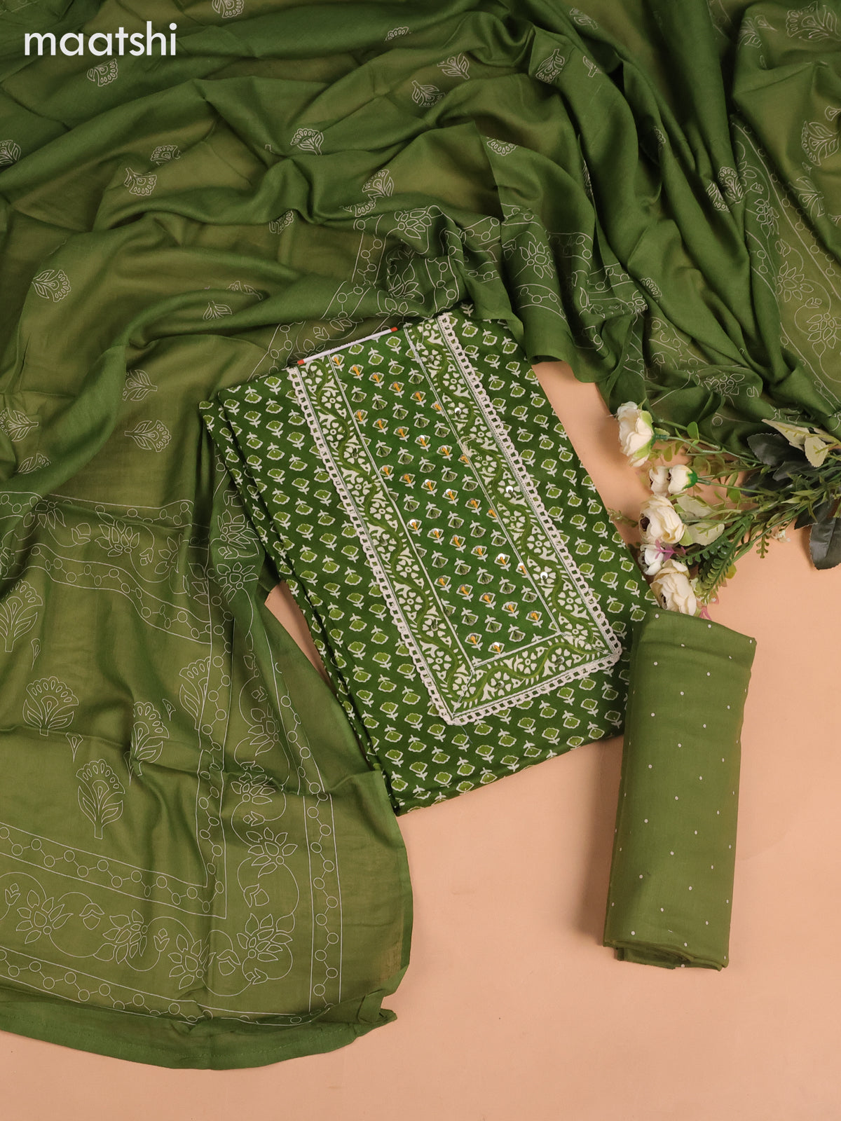 Cotton dress material green with allover floral buttas & sequin embroidery work neck pattern and bottom & dupatta