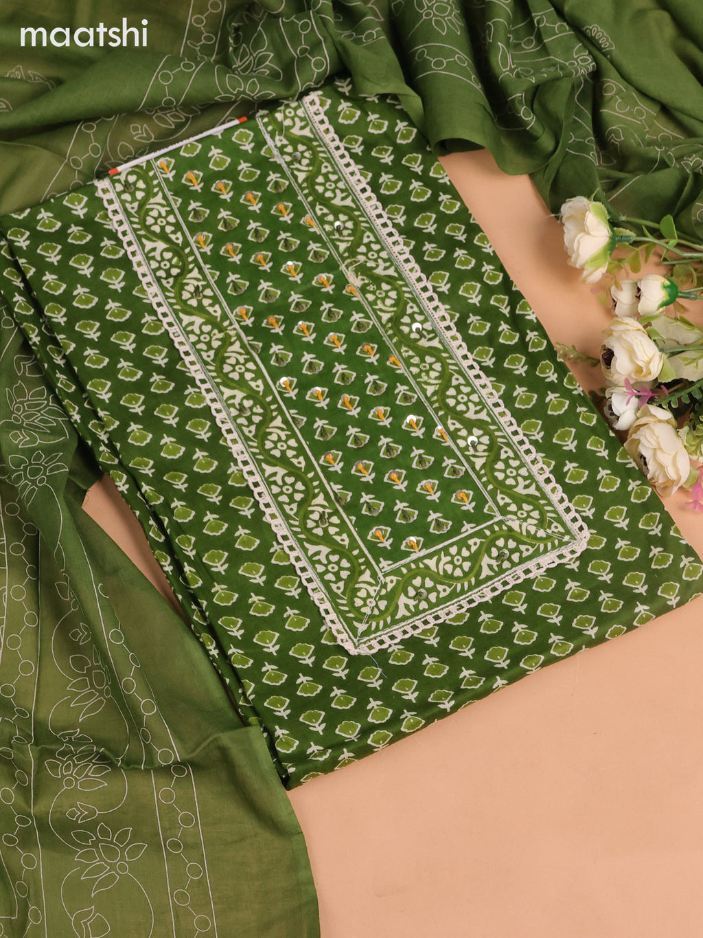 Cotton dress material green with allover floral buttas & sequin embroidery work neck pattern and bottom & dupatta