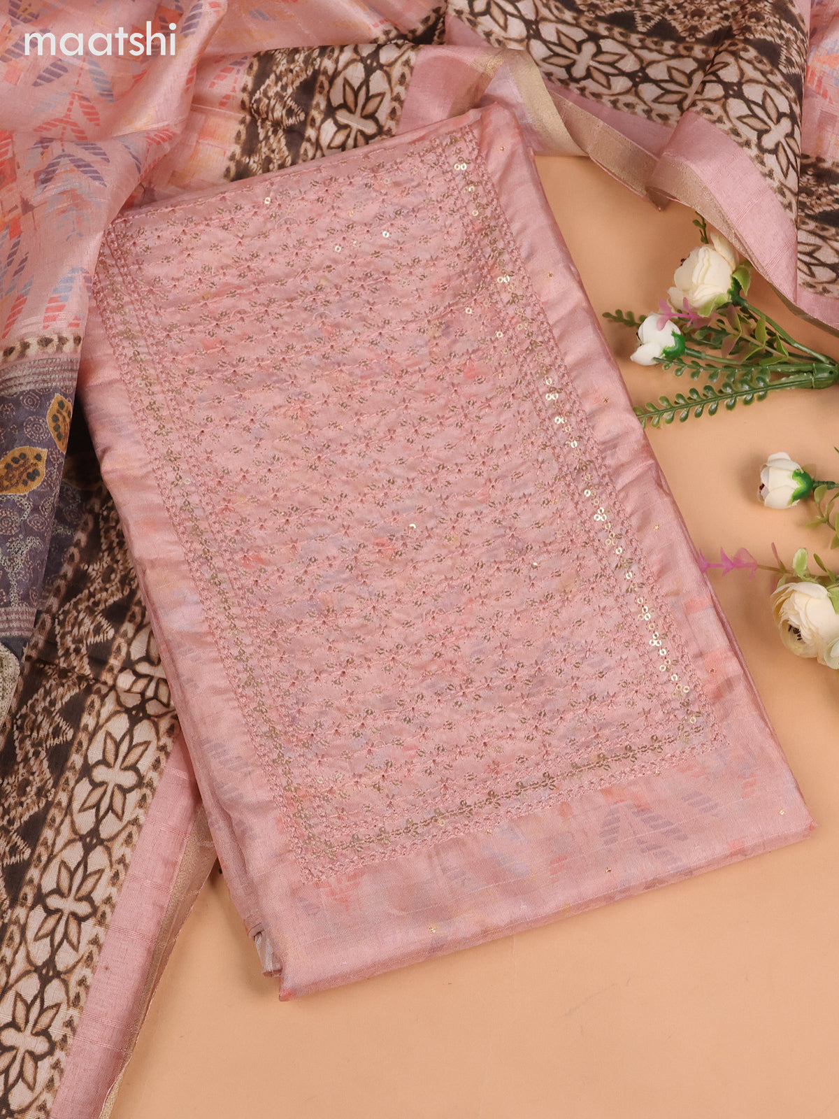Semi tussar dress material peach shade with allover prints & sequin embroidery work neck pattern and bottom & dupatta