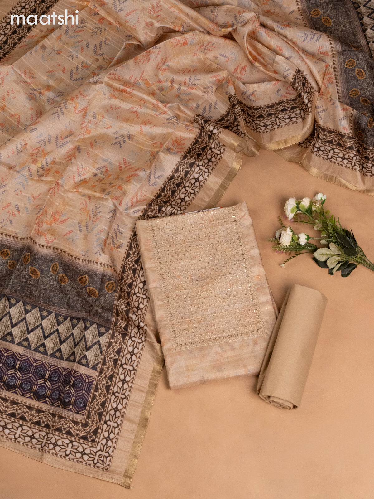 Semi tussar dress material sandal with allover prints & sequin embroidery work neck pattern and bottom & dupatta