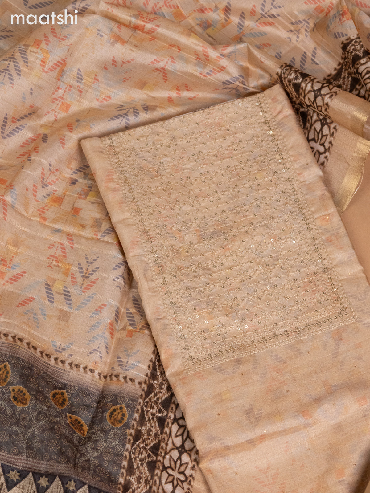 Semi tussar dress material sandal with allover prints & sequin embroidery work neck pattern and bottom & dupatta
