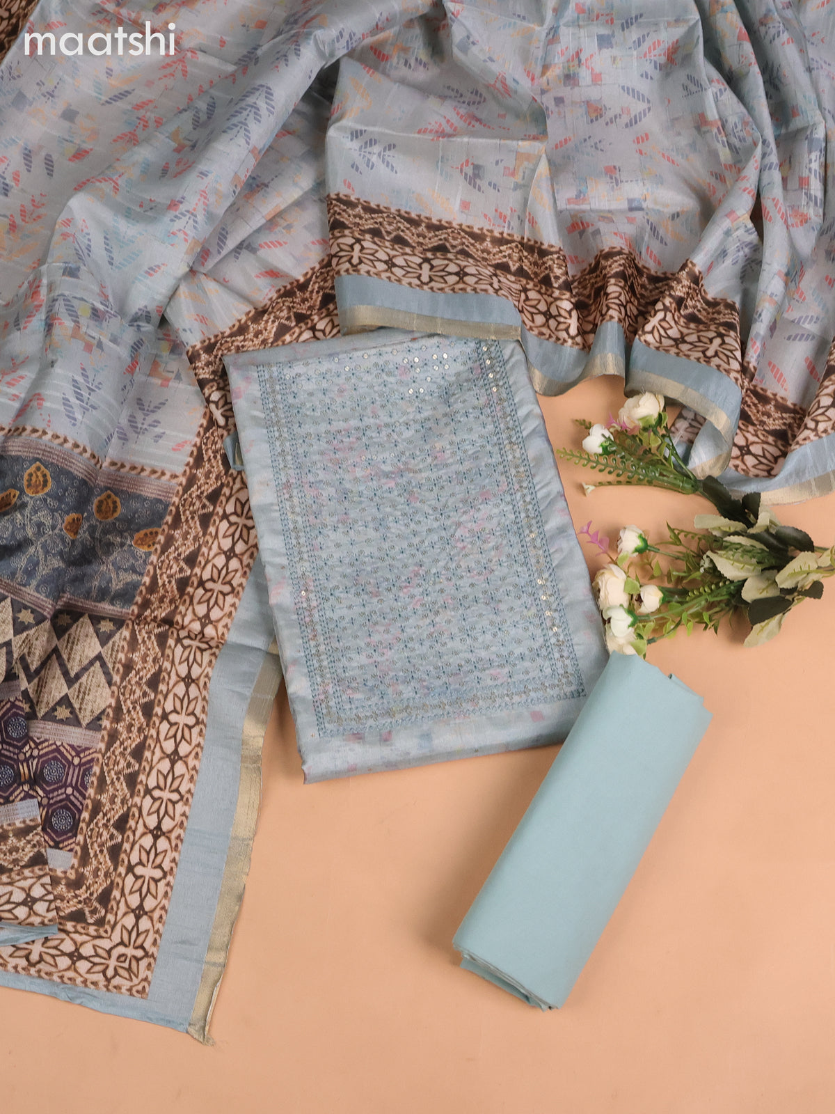 Semi tussar dress material pastel blue with allover prints & sequin embroidery work neck pattern and bottom & dupatta