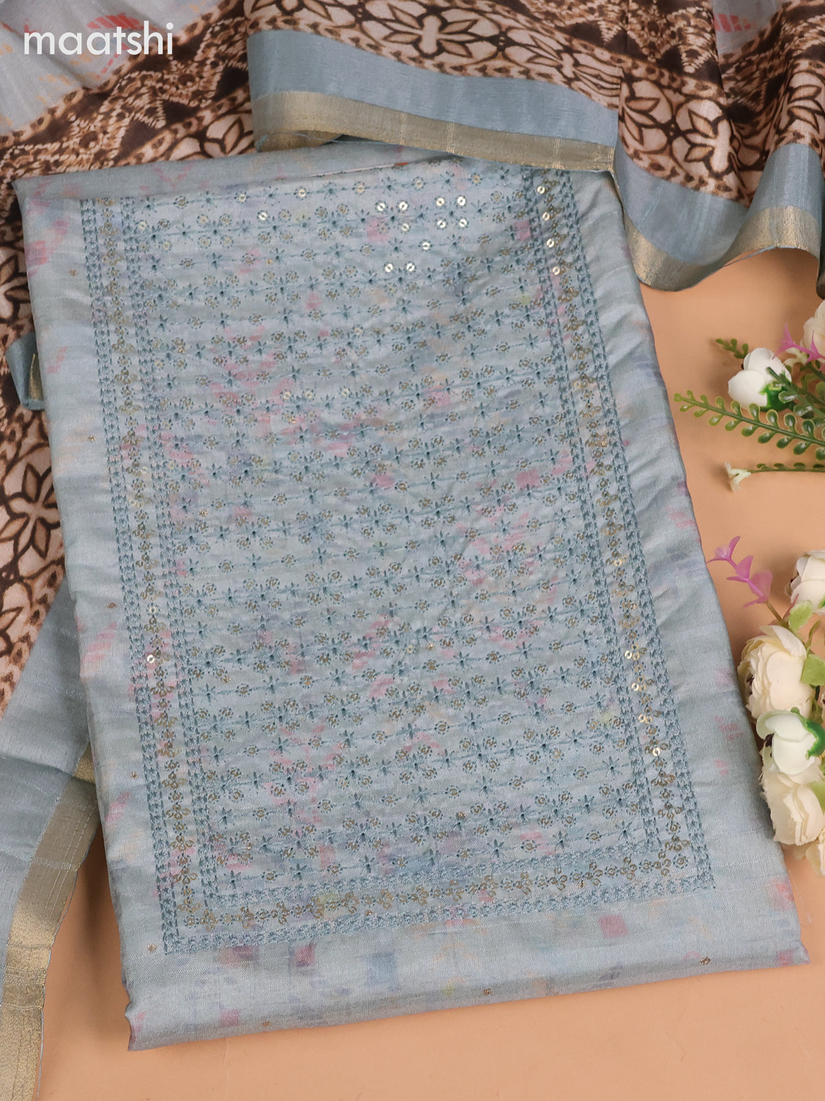 Semi tussar dress material pastel blue with allover prints & sequin embroidery work neck pattern and bottom & dupatta
