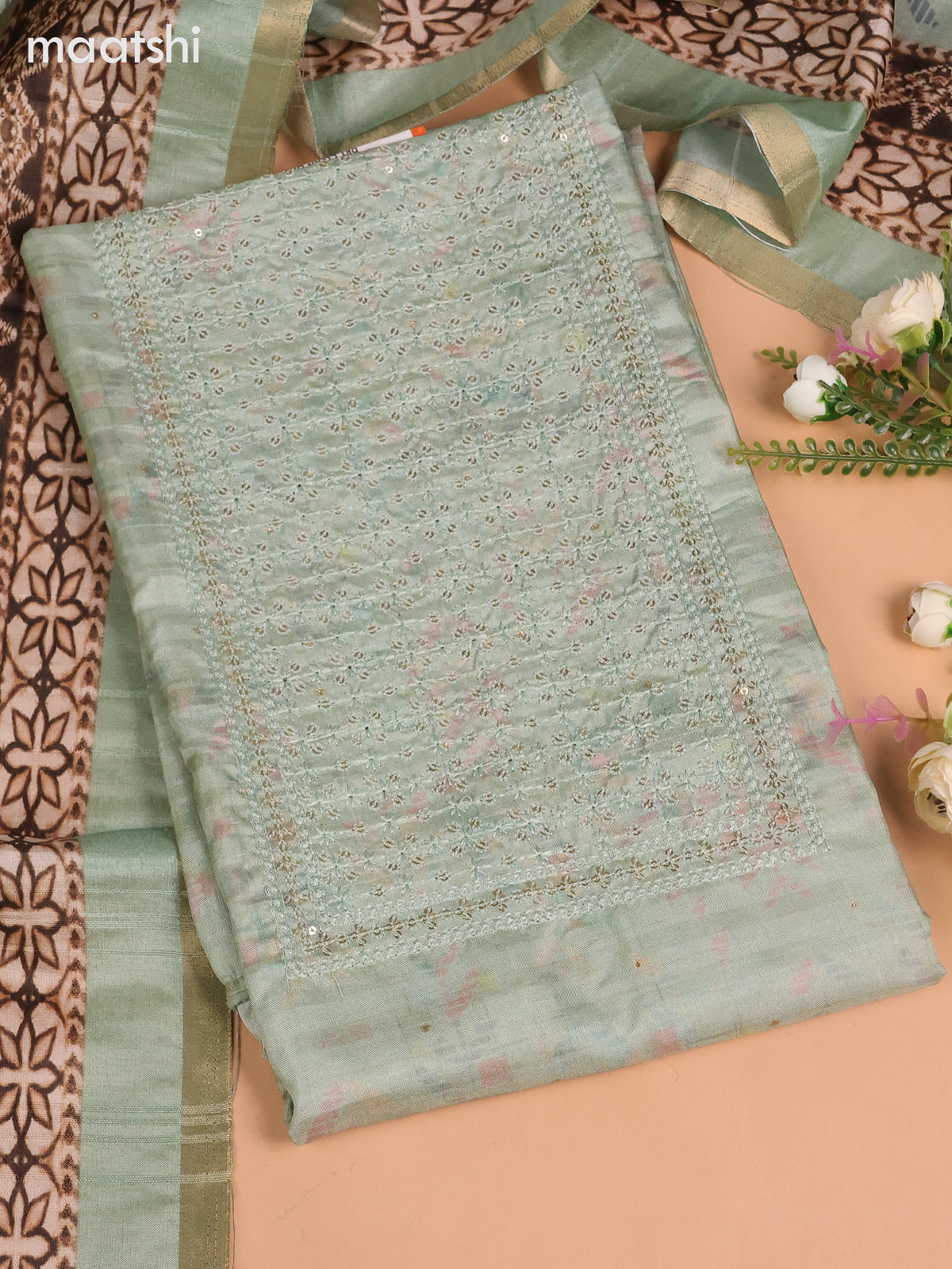 Semi tussar dress material teal shade with allover prints & sequin embroidery work neck pattern and bottom & dupatta
