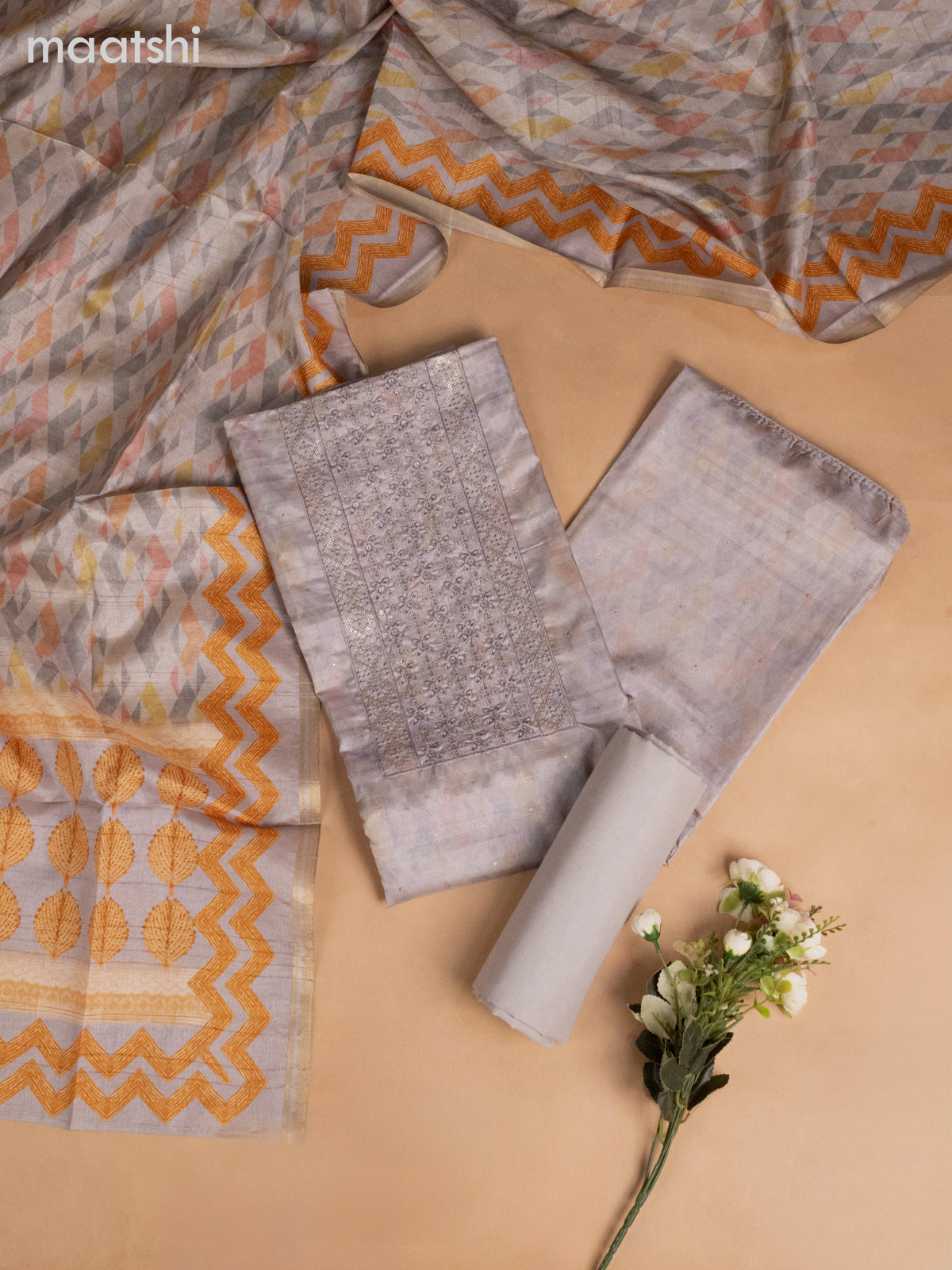 Semi tussar dress material grey shade with allover prints & sequin embroidery work neck pattern and bottom & dupatta