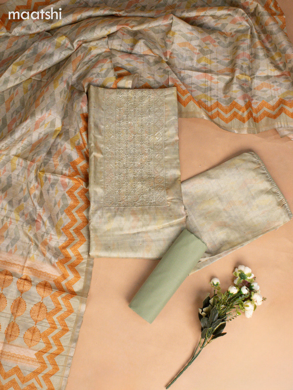 Semi tussar dress material pastel green with allover prints & sequin embroidery work neck pattern and bottom & dupatta