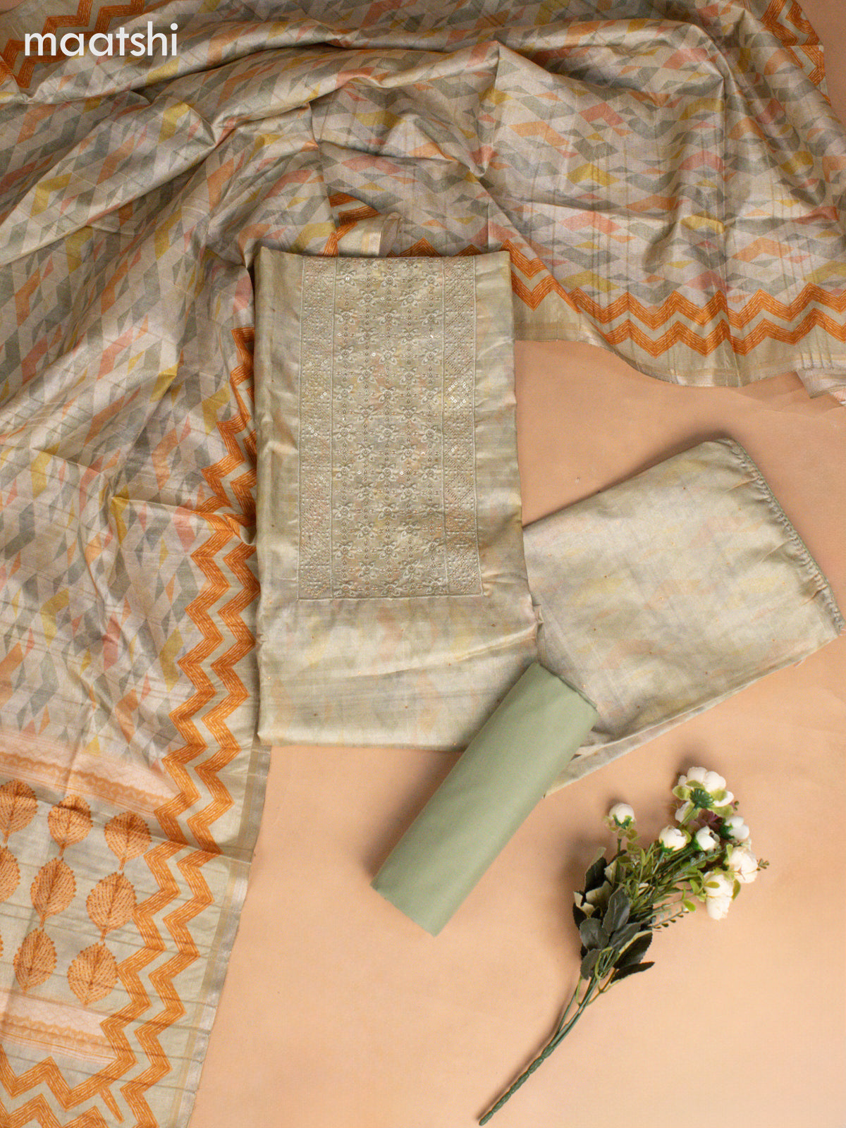 Semi tussar dress material pastel green with allover prints & sequin embroidery work neck pattern and bottom & dupatta
