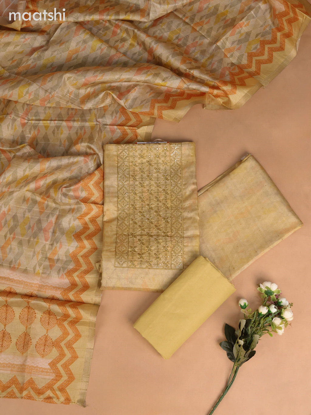 Semi tussar dress material sandal with allover prints & sequin embroidery work neck pattern and bottom & dupatta