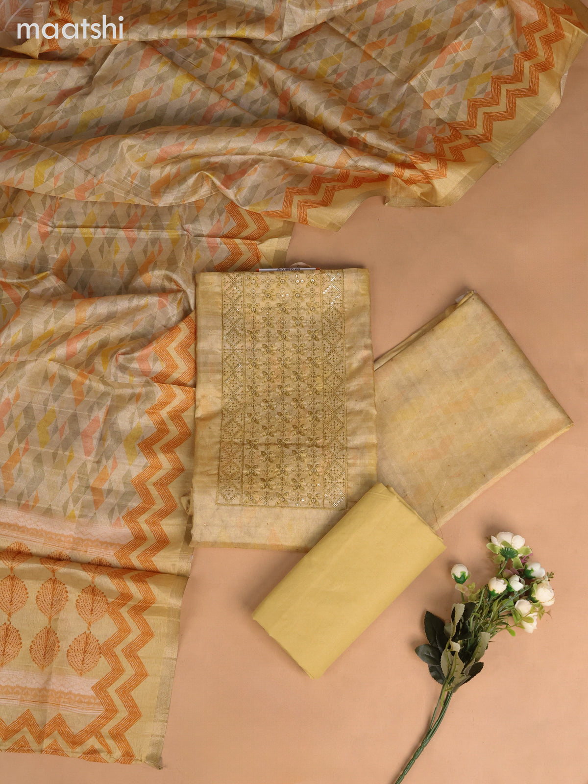 Semi tussar dress material sandal with allover prints & sequin embroidery work neck pattern and bottom & dupatta