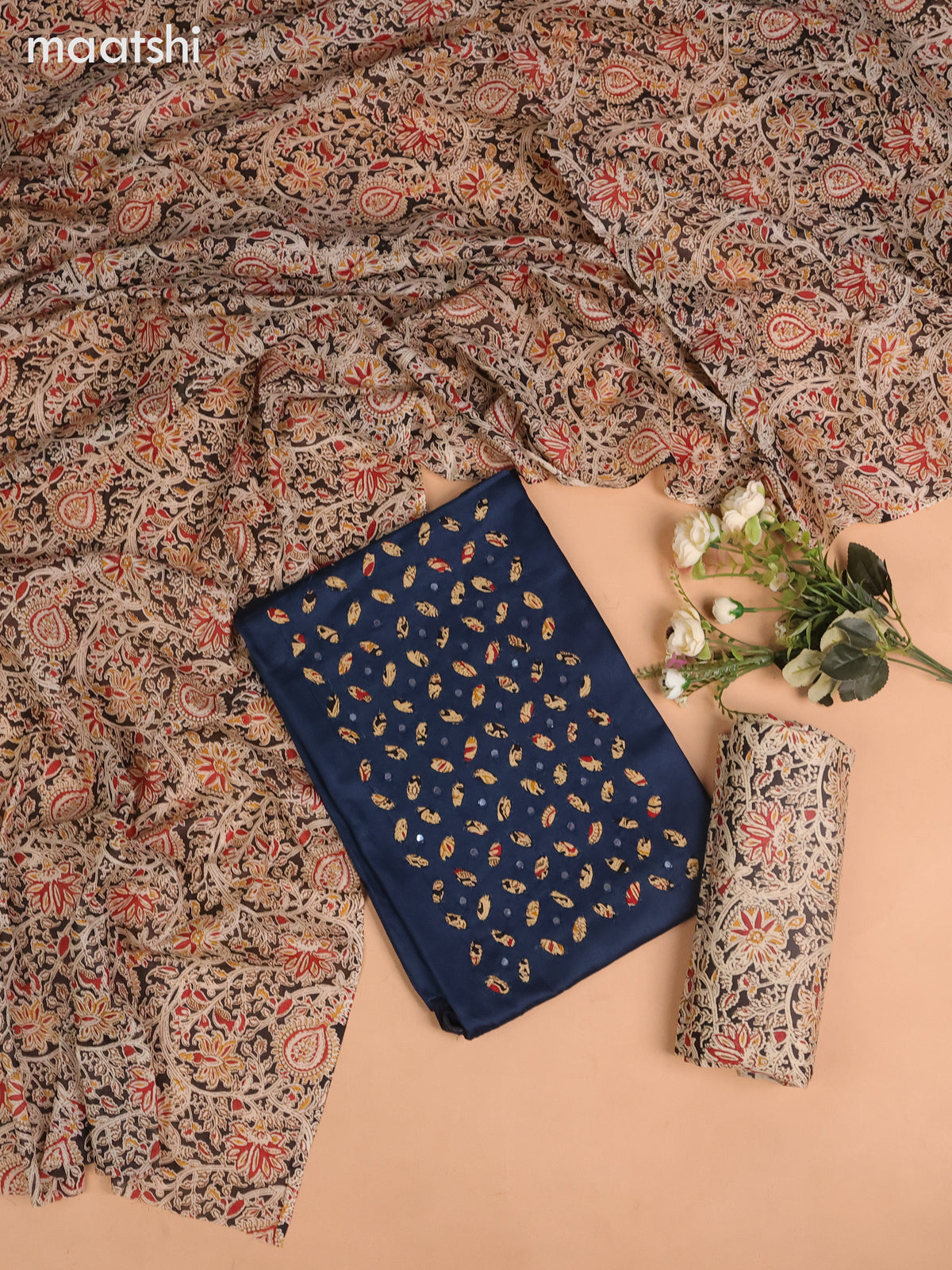 Cotton dress material peacock blue with kalamkari prints & mirror work neck pattern and bottom & kalamkari dupatta