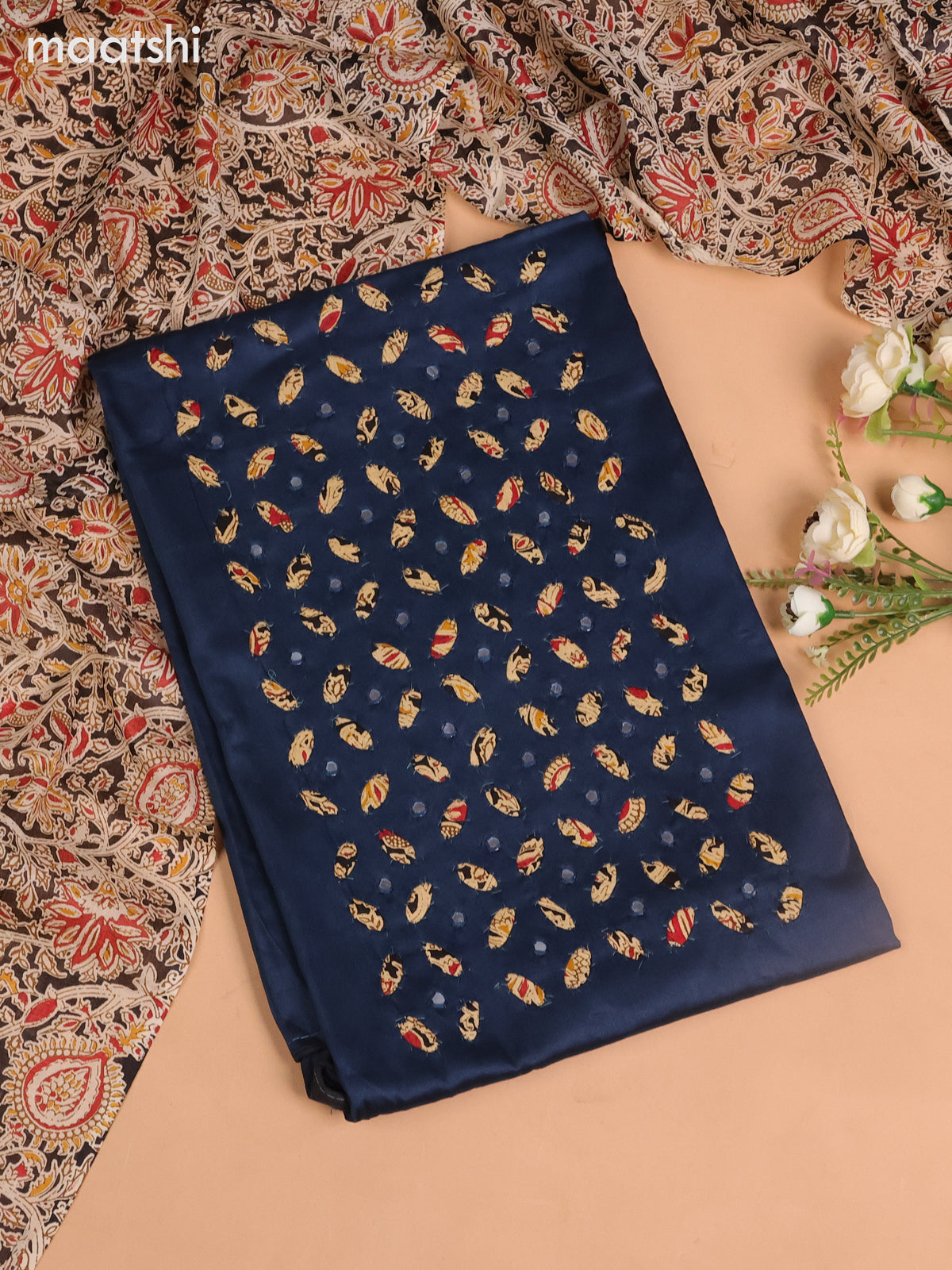 Cotton dress material peacock blue with kalamkari prints & mirror work neck pattern and bottom & kalamkari dupatta