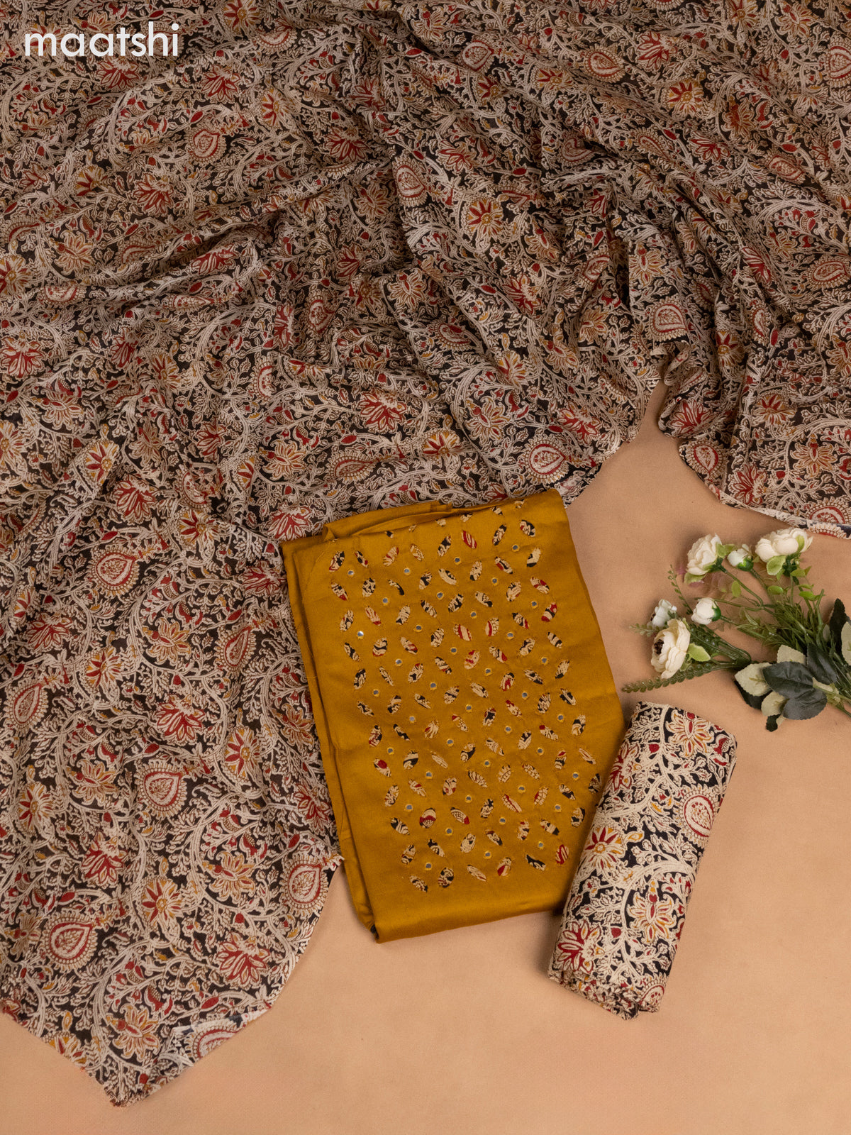 Cotton dress material mustard yellow with kalamkari prints & mirror work neck pattern and bottom & kalamkari dupatta