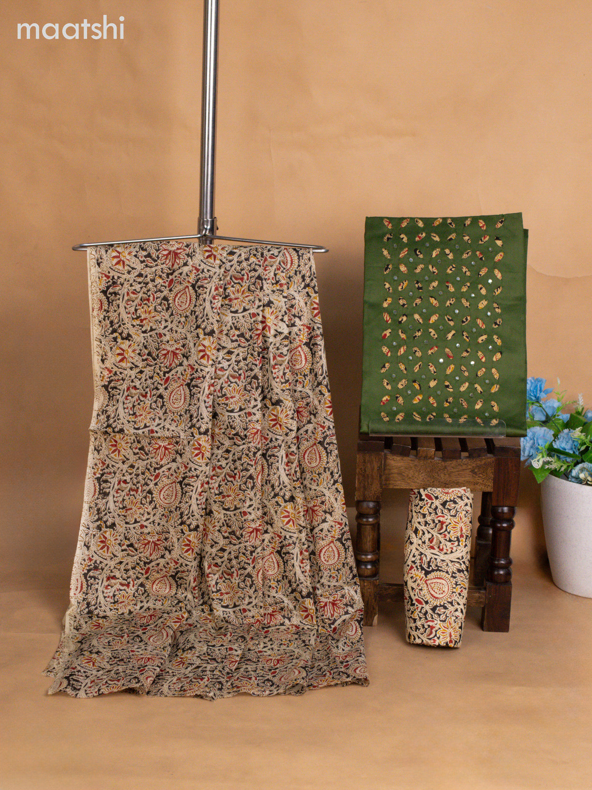 Cotton dress material green and black beige with kalamkari prints & mirror work neck pattern and bottom & kalamkari dupatta