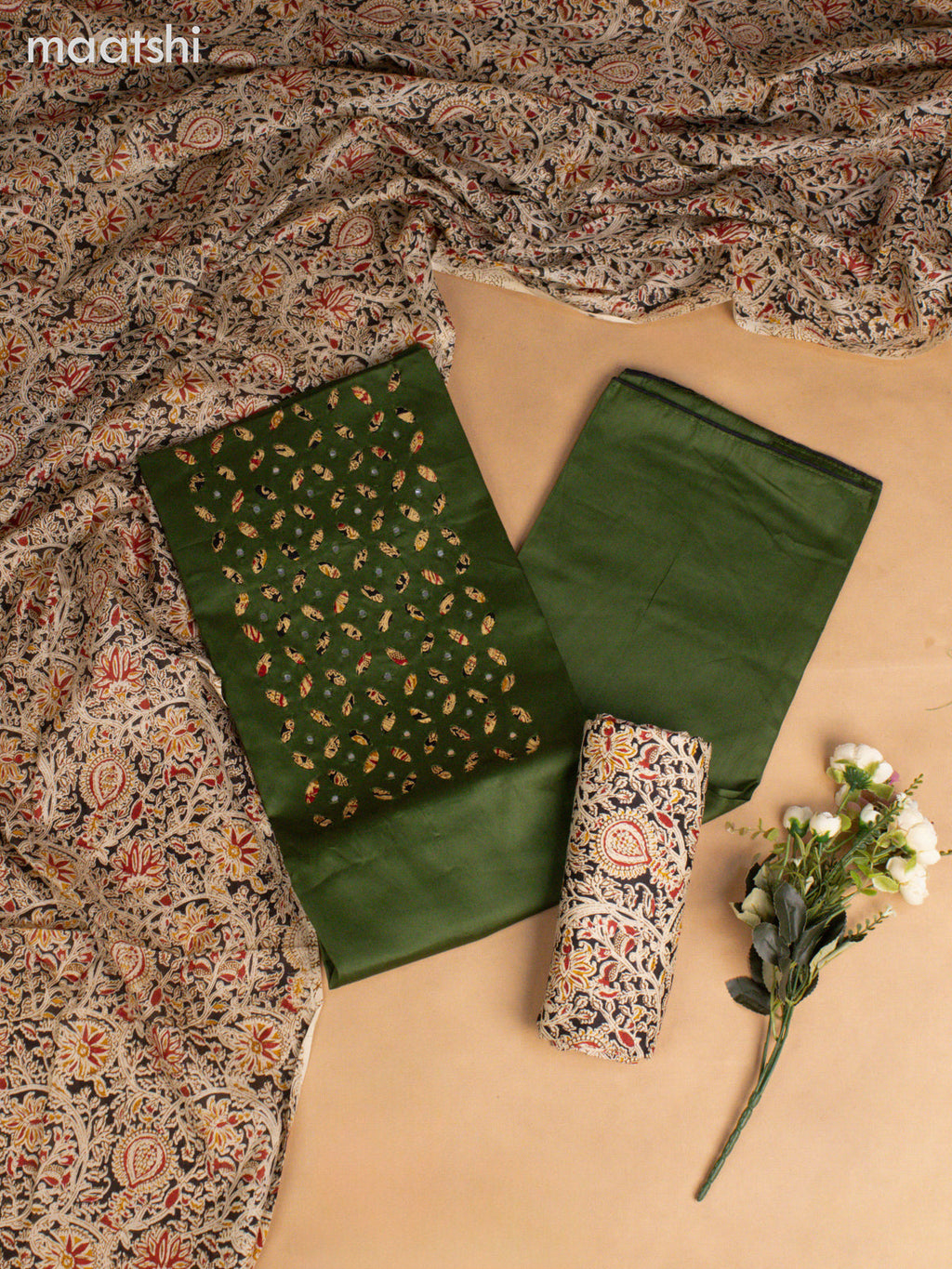 Cotton dress material green and black beige with kalamkari prints & mirror work neck pattern and bottom & kalamkari dupatta