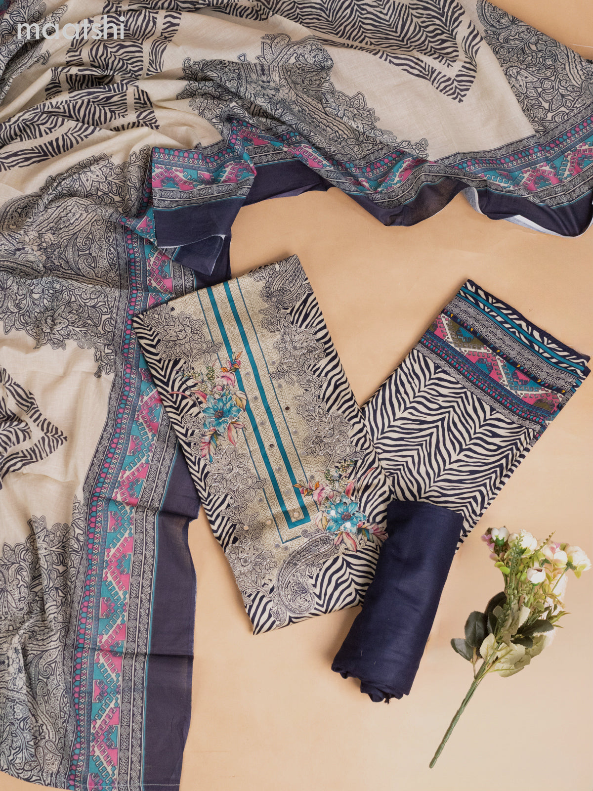 Cotton dress material beige and navy blue with allover prints & beaded mirror work neck pattern and bottom & printed dupatta