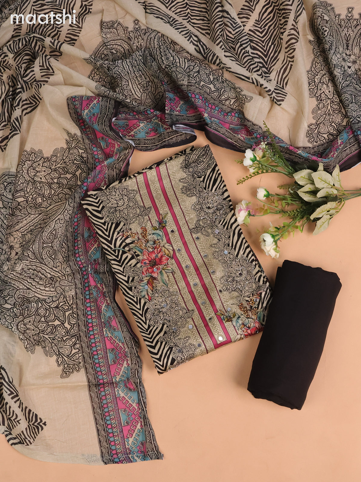 Cotton dress material beige and black with allover prints & beaded mirror work neck pattern and bottom & printed dupatta