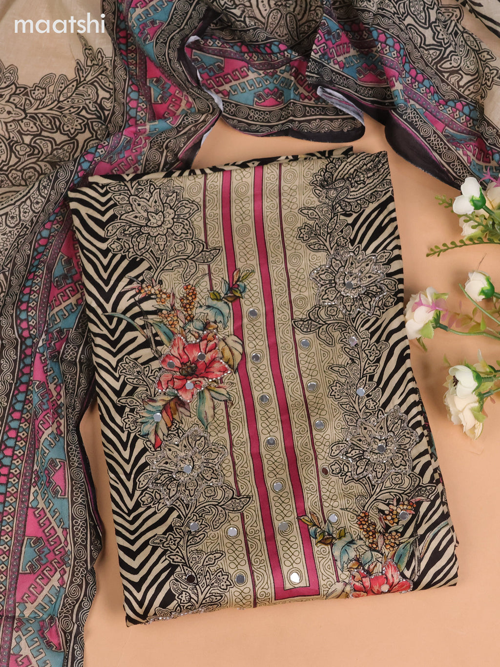 Cotton dress material beige and black with allover prints & beaded mirror work neck pattern and bottom & printed dupatta