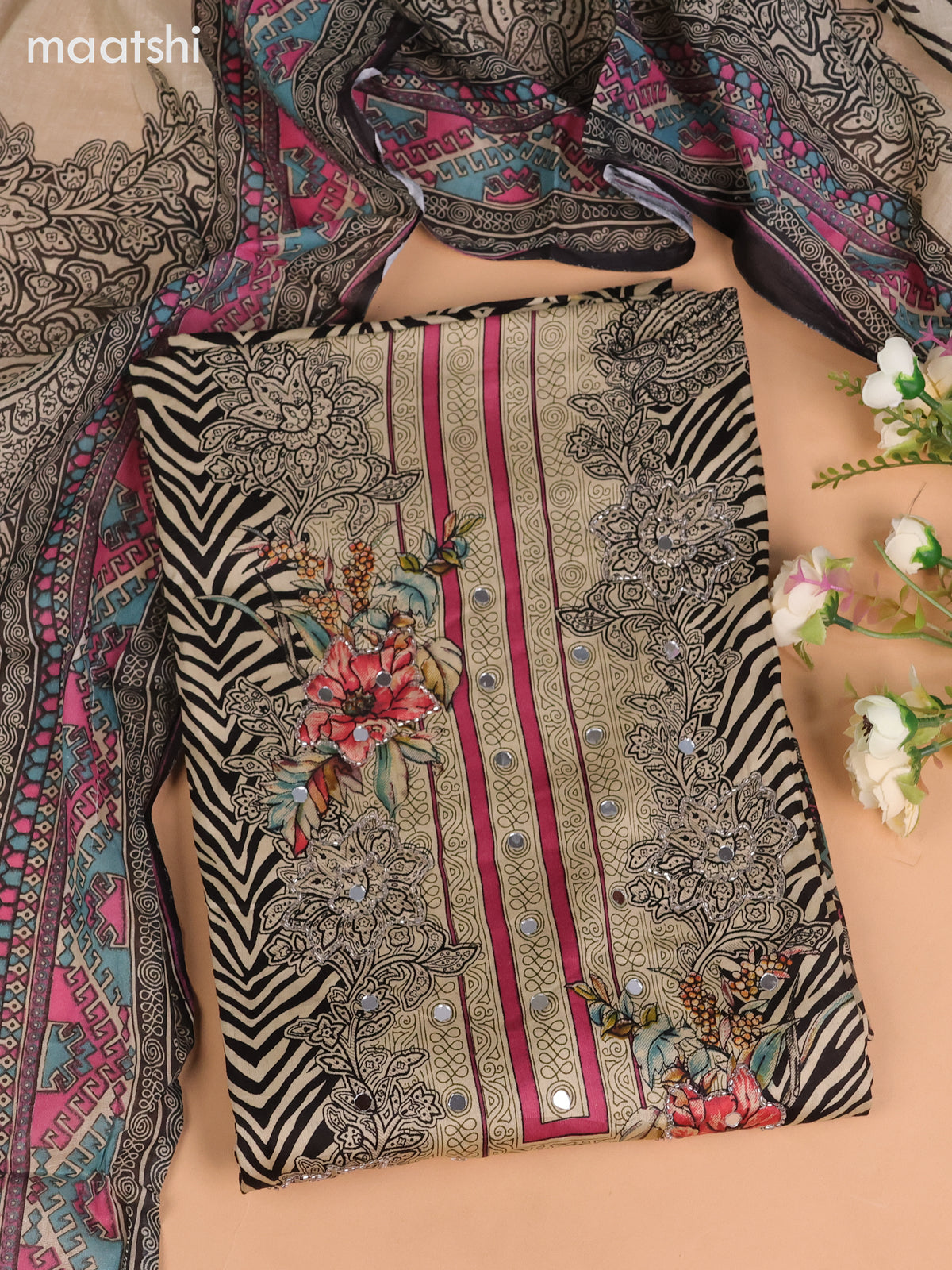 Cotton dress material beige and black with allover prints & beaded mirror work neck pattern and bottom & printed dupatta