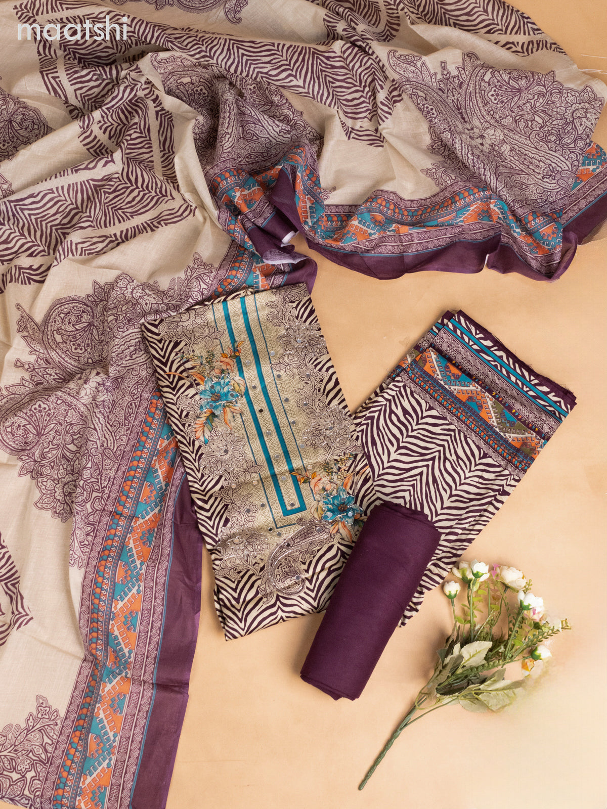 Cotton dress material beige and wine shade with allover prints & beaded mirror work neck pattern and bottom & printed dupatta