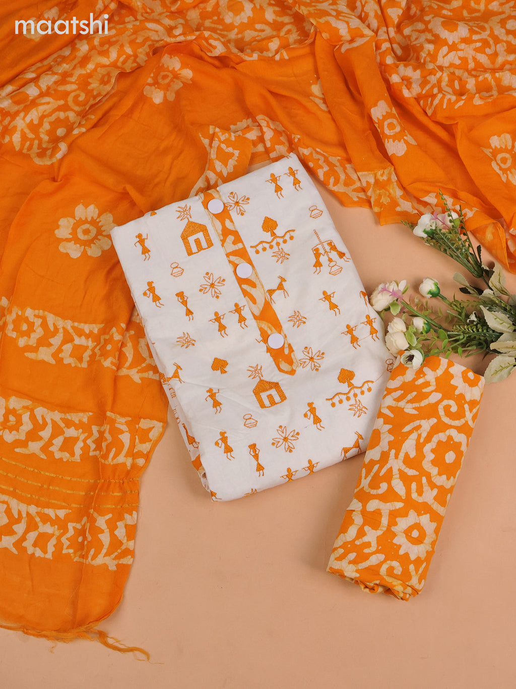 Cotton dress material off white and mango yellow with allover warli embroidery work and batik bottom & dupatta