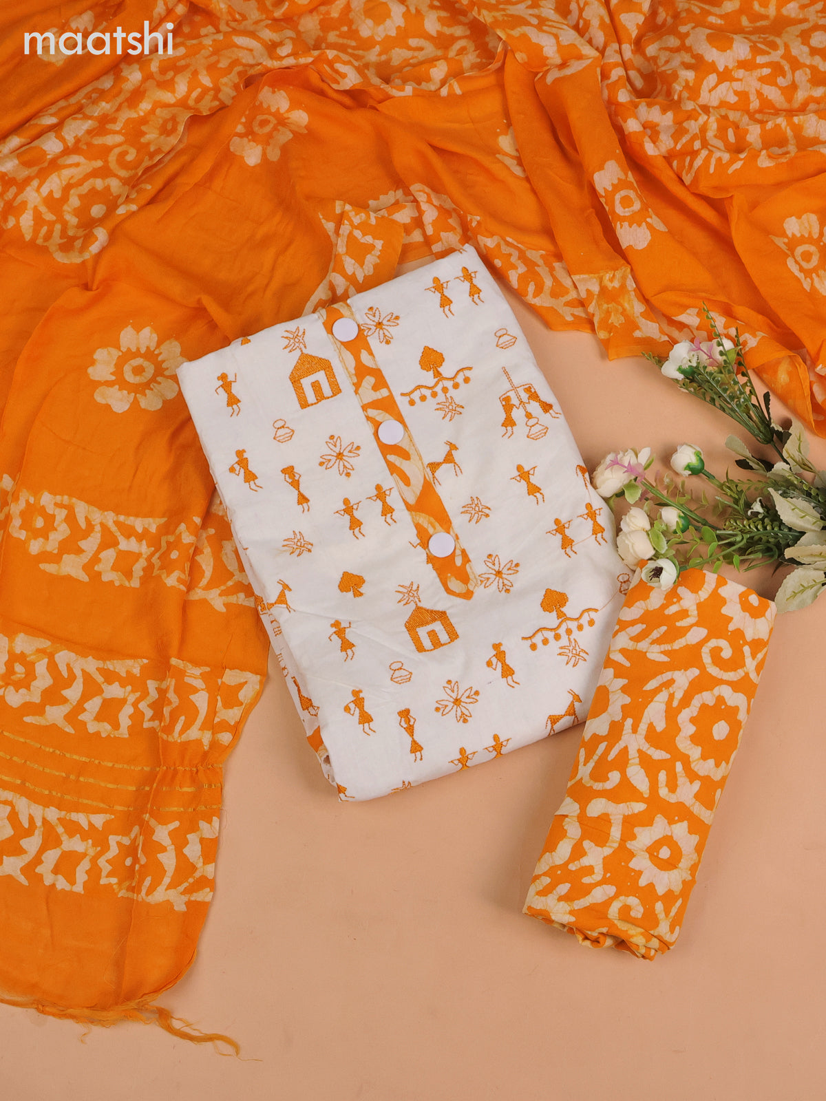 Cotton dress material off white and mango yellow with allover warli embroidery work and batik bottom & dupatta