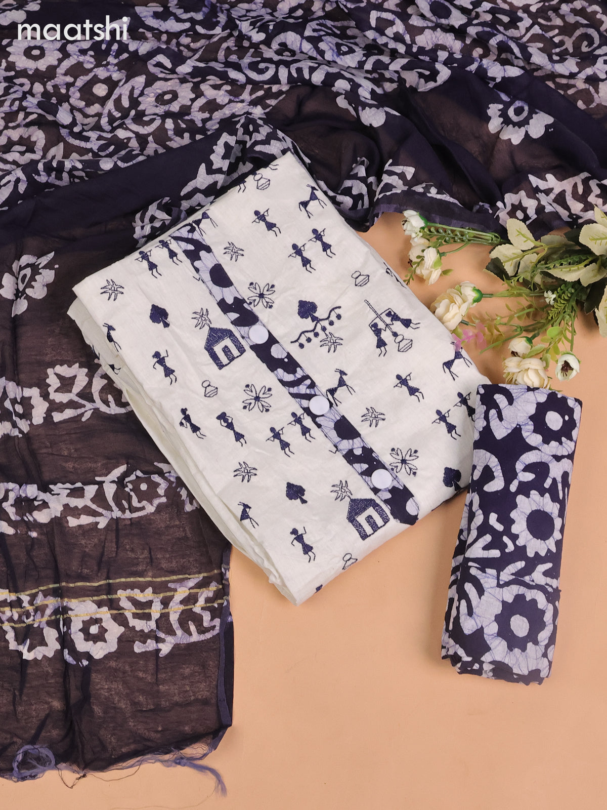 Cotton dress material off white and navy blue with allover warli embroidery work and batik bottom & dupatta