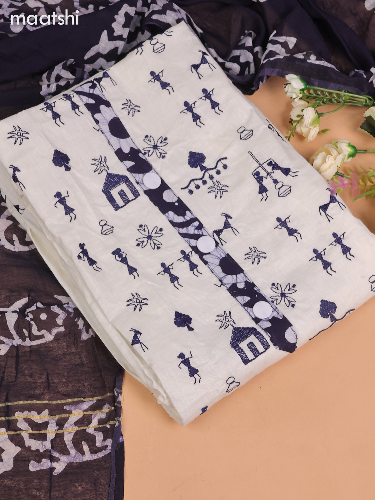 Cotton dress material off white and navy blue with allover warli embroidery work and batik bottom & dupatta