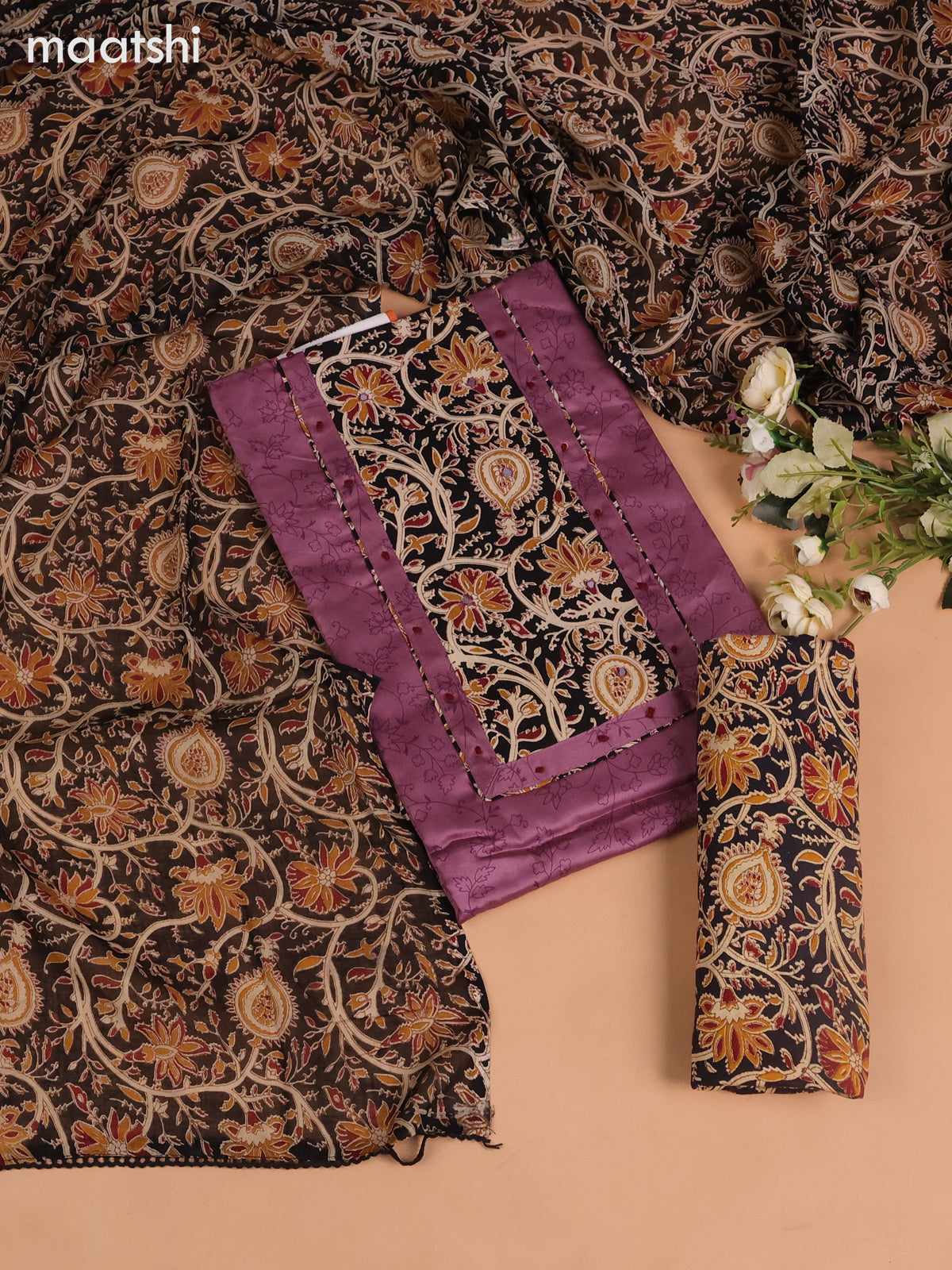 Cotton dress material mauve pink and black beige with allover prints & kalamkari patch neck pattern and bottom & kalamkari dupatta