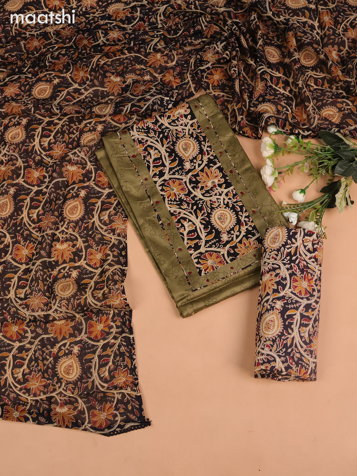 Cotton dress material mehandi green and black beige with allover prints & kalamkari patch neck pattern and bottom & kalamkari dupatta
