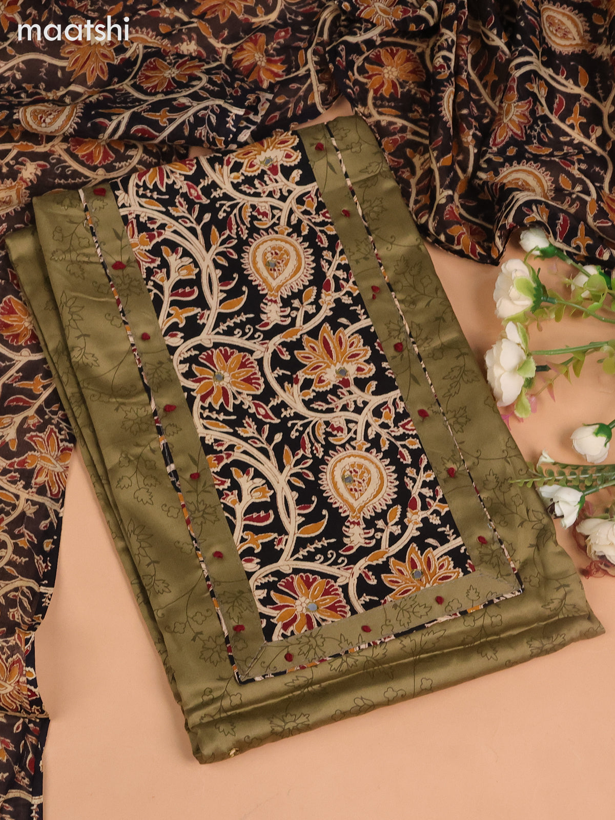 Cotton dress material mehandi green and black beige with allover prints & kalamkari patch neck pattern and bottom & kalamkari dupatta