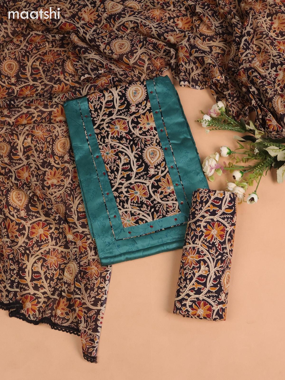 Cotton dress material teal green shade and black beige with allover prints & kalamkari patch neck pattern and bottom & kalamkari dupatta