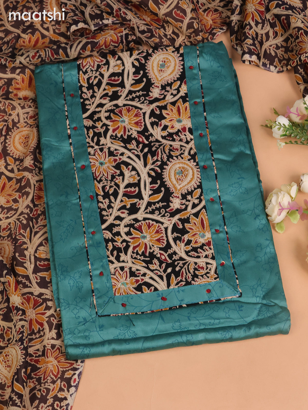 Cotton dress material teal green shade and black beige with allover prints & kalamkari patch neck pattern and bottom & kalamkari dupatta