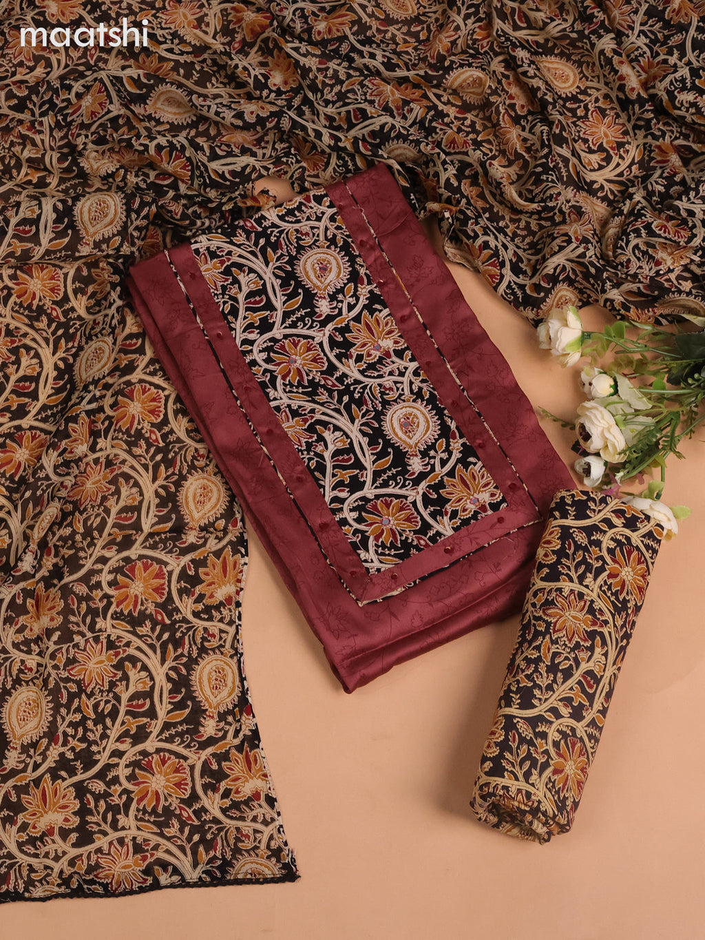 Cotton dress material pastel maroon and black beige with allover prints & kalamkari patch neck pattern and bottom & kalamkari dupatta
