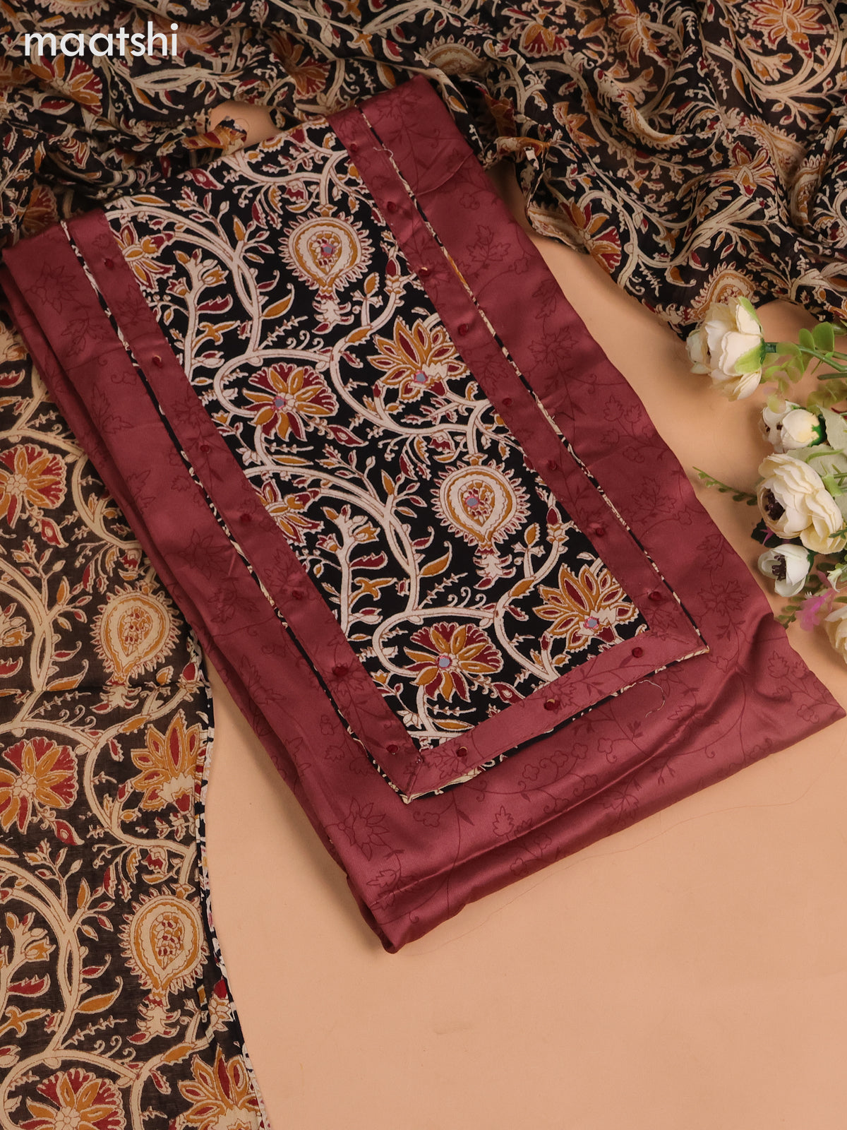 Cotton dress material pastel maroon and black beige with allover prints & kalamkari patch neck pattern and bottom & kalamkari dupatta