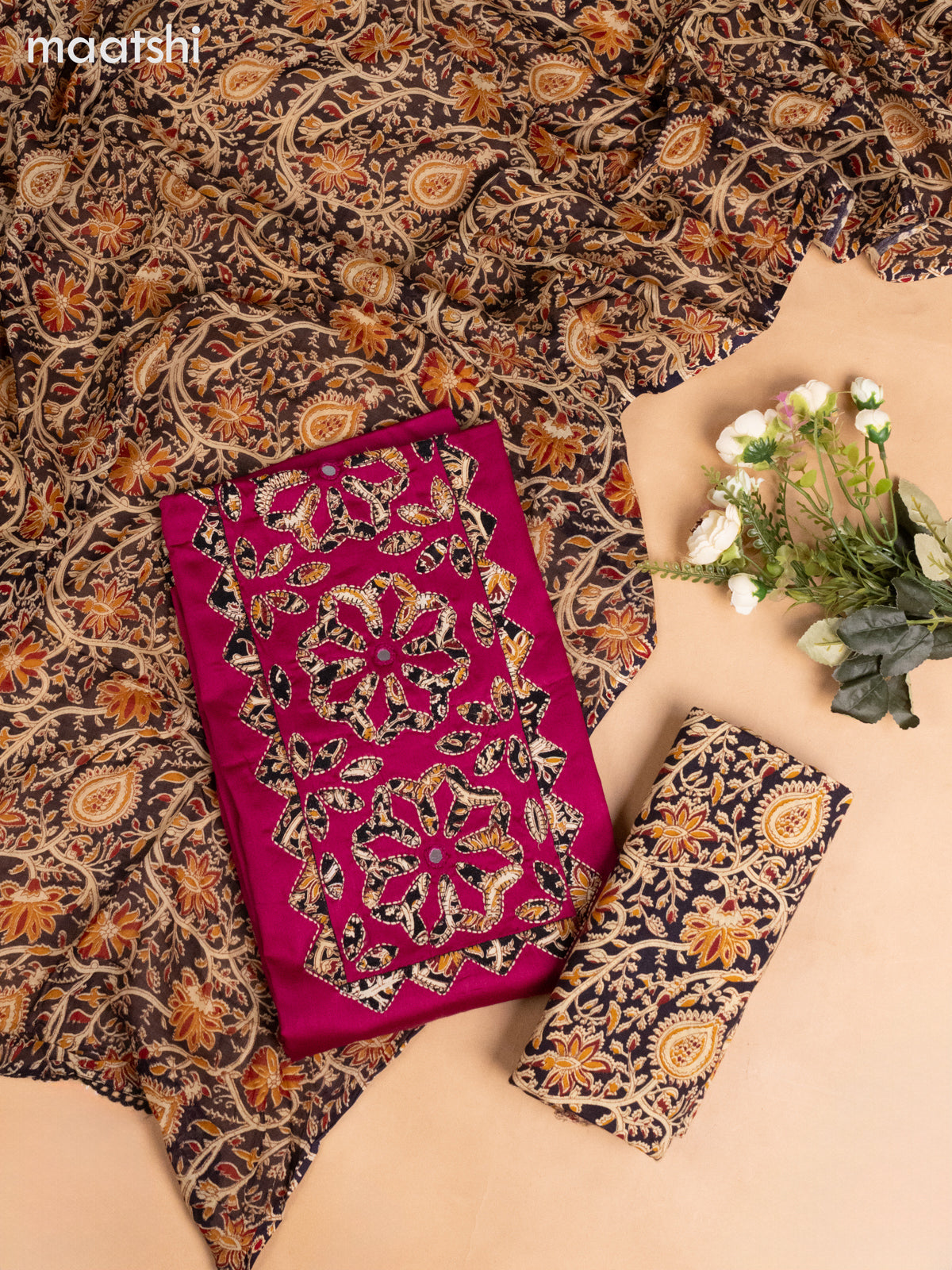 Cotton dress material magenta pink and black beige with kalamkari prints & patch work neck pattern and bottom & kalamkari dupatta