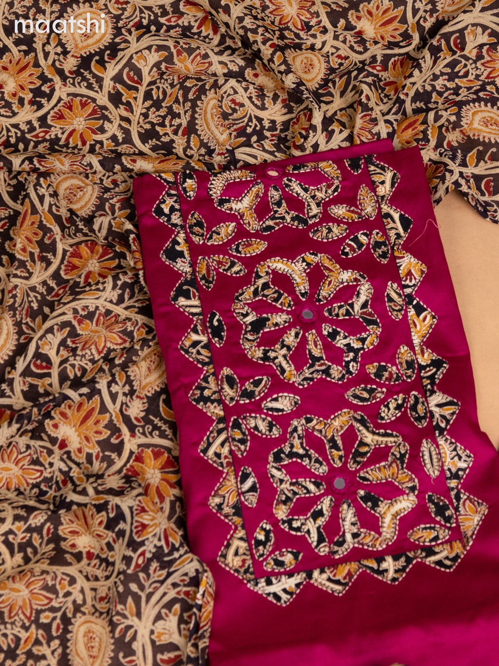 Cotton dress material magenta pink and black beige with kalamkari prints & patch work neck pattern and bottom & kalamkari dupatta