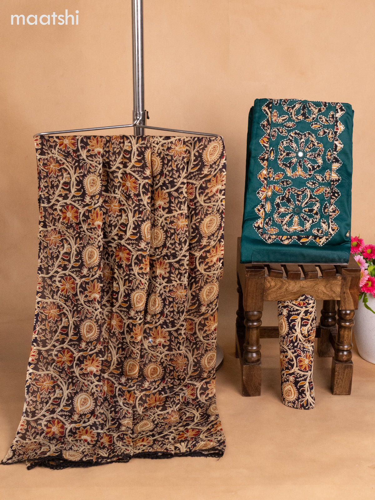 Cotton dress material peacock green and black beige with kalamkari prints & patch work neck pattern and bottom & kalamkari dupatta