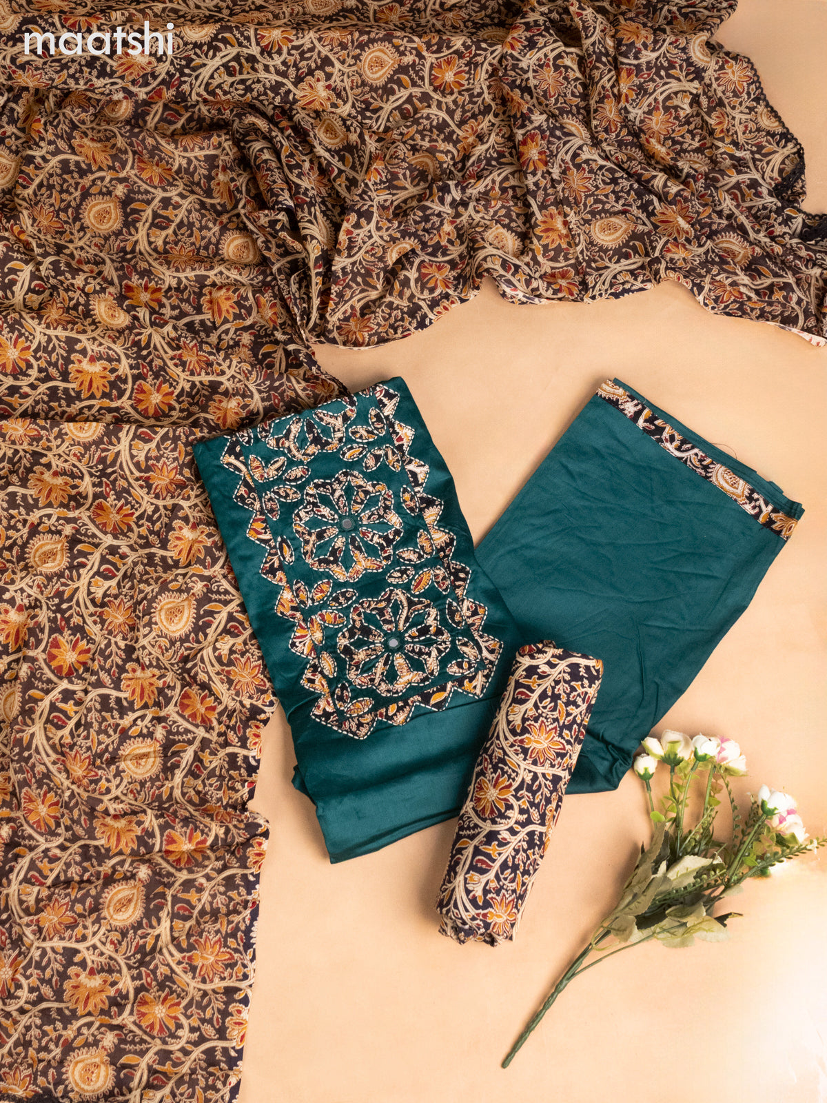 Cotton dress material peacock green and black beige with kalamkari prints & patch work neck pattern and bottom & kalamkari dupatta