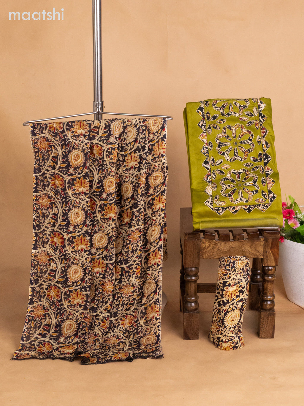 Cotton dress material mehendi green and black beige with kalamkari prints & patch work neck pattern and bottom & kalamkari dupatta