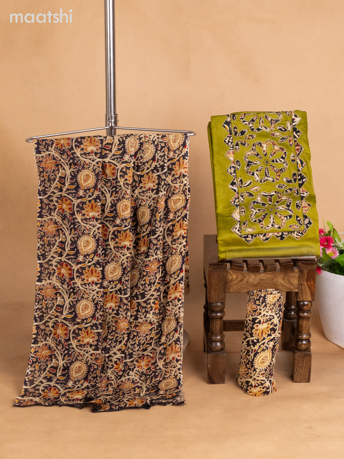 Cotton dress material mehendi green and black beige with kalamkari prints & patch work neck pattern and bottom & kalamkari dupatta