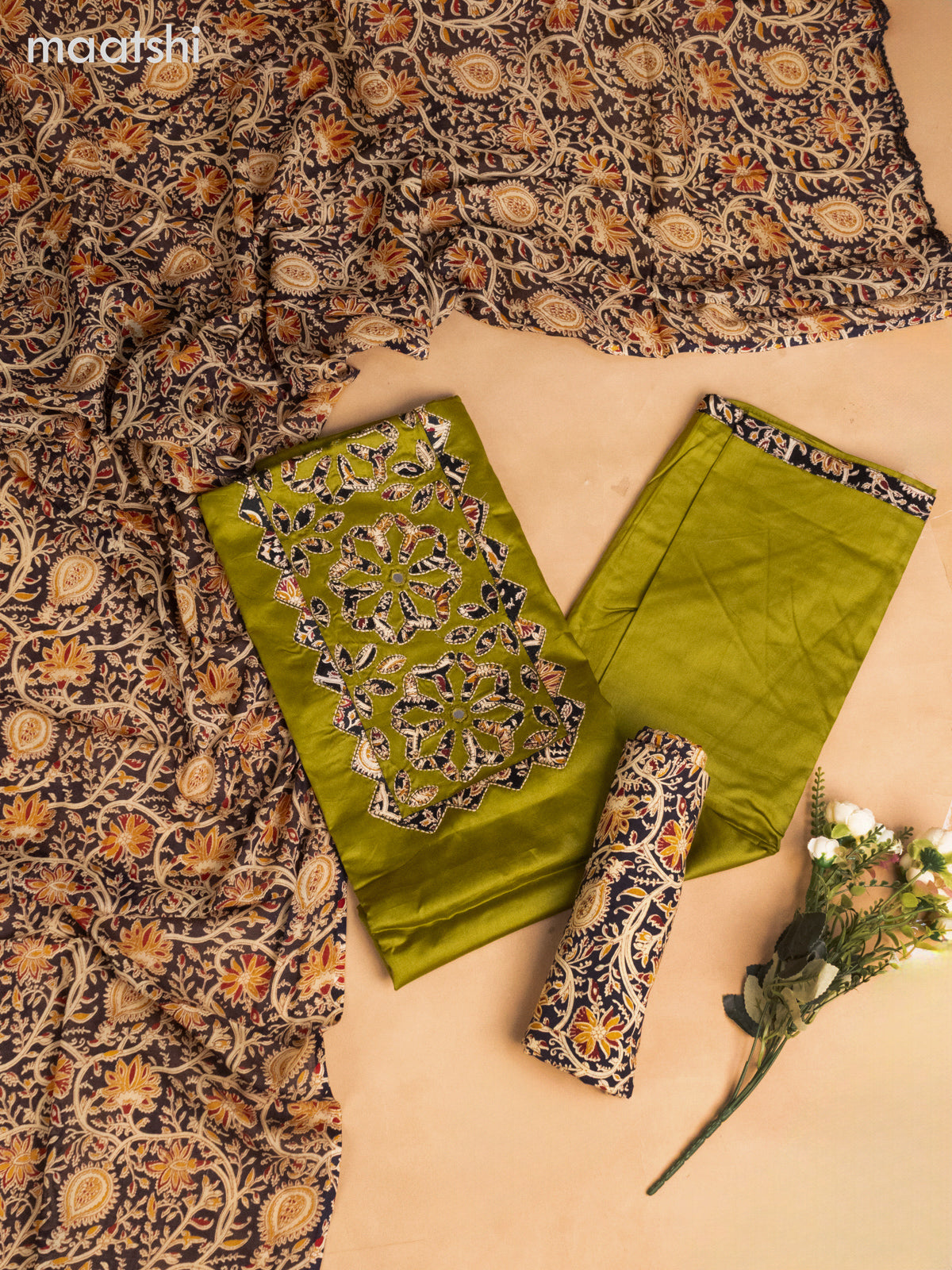 Cotton dress material mehendi green and black beige with kalamkari prints & patch work neck pattern and bottom & kalamkari dupatta
