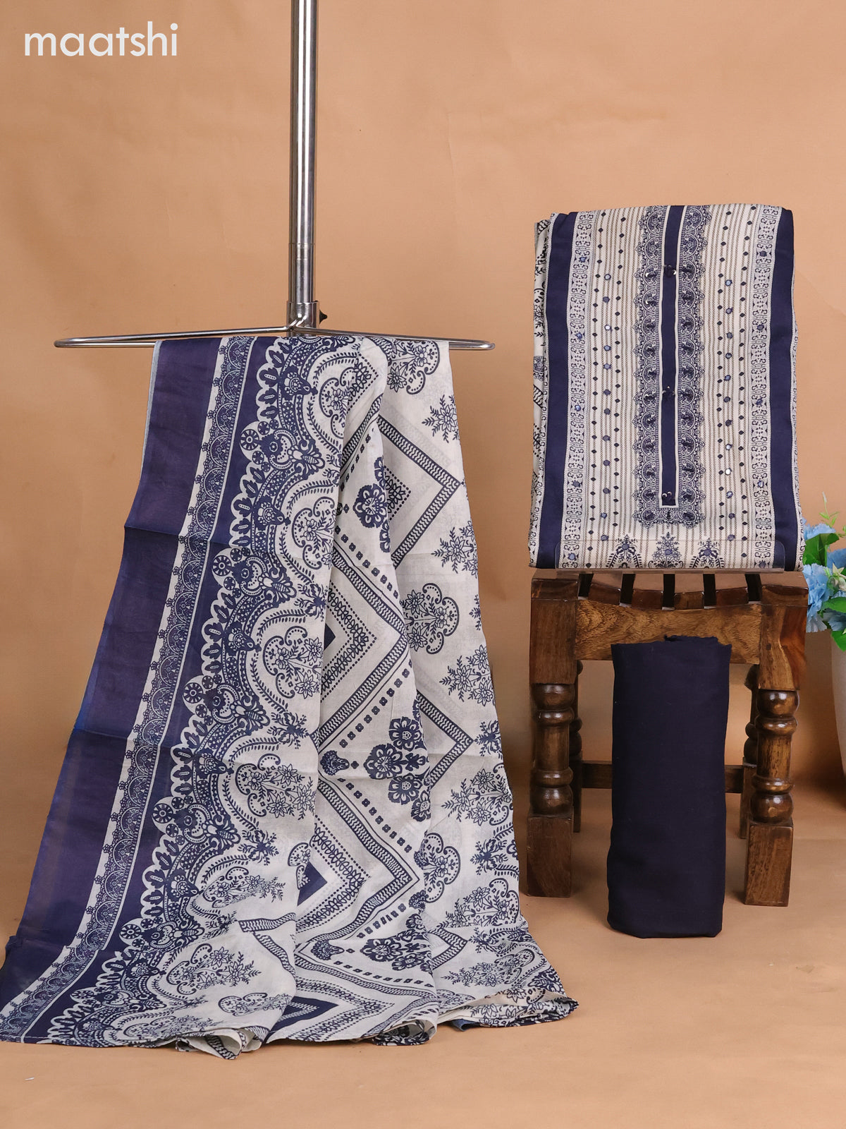 Cotton dress material navy blue and beige with allover prints & sequin mirror work neck pattern and bottom & dupatta