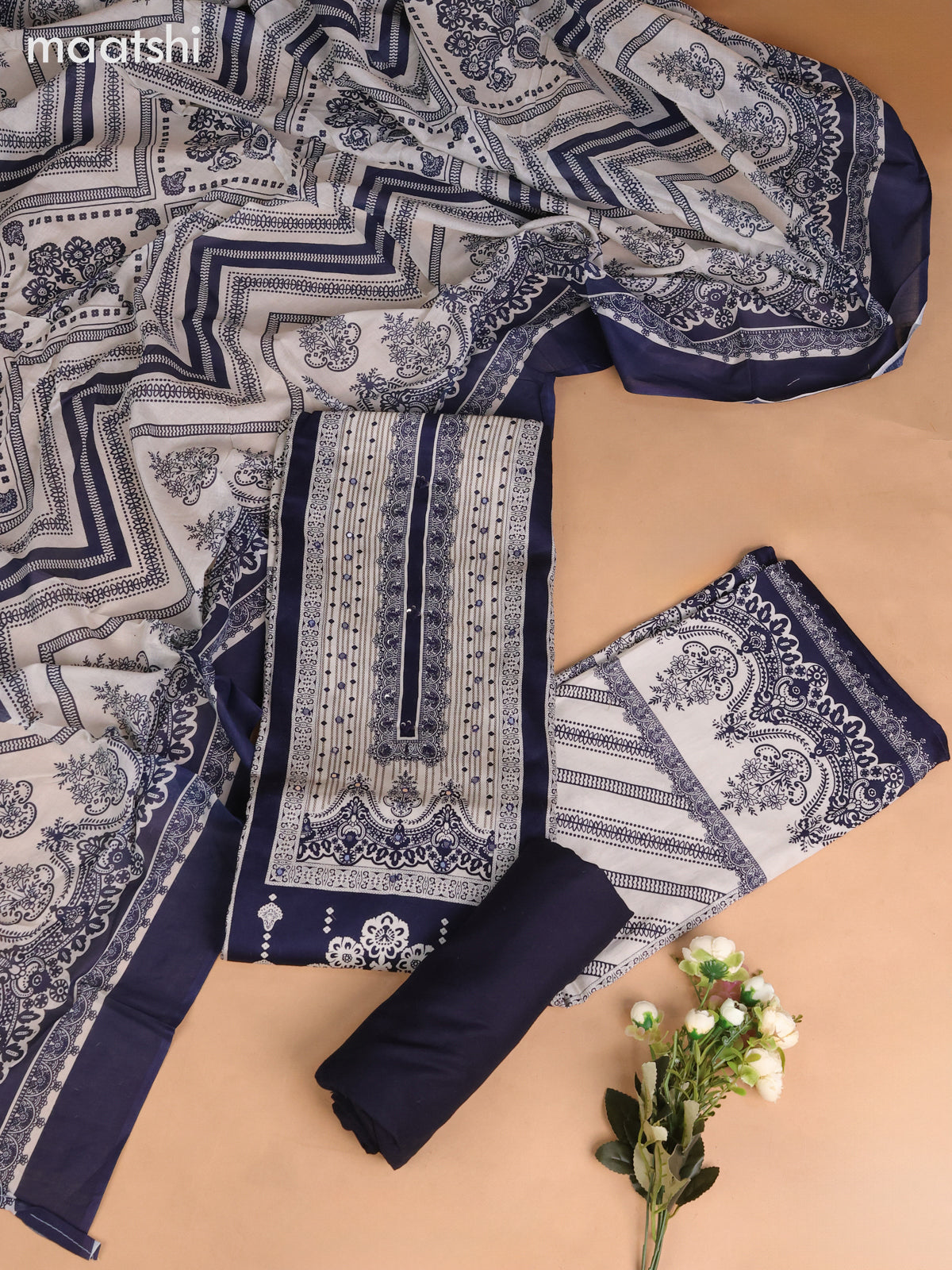 Cotton dress material navy blue and beige with allover prints & sequin mirror work neck pattern and bottom & dupatta
