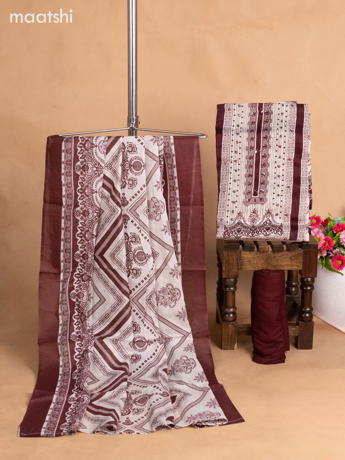 Cotton dress material deep maroon and beige with allover prints & sequin mirror work neck pattern and bottom & dupatta