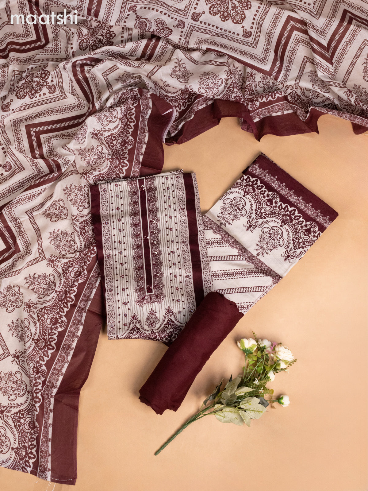 Cotton dress material deep maroon and beige with allover prints & sequin mirror work neck pattern and bottom & dupatta