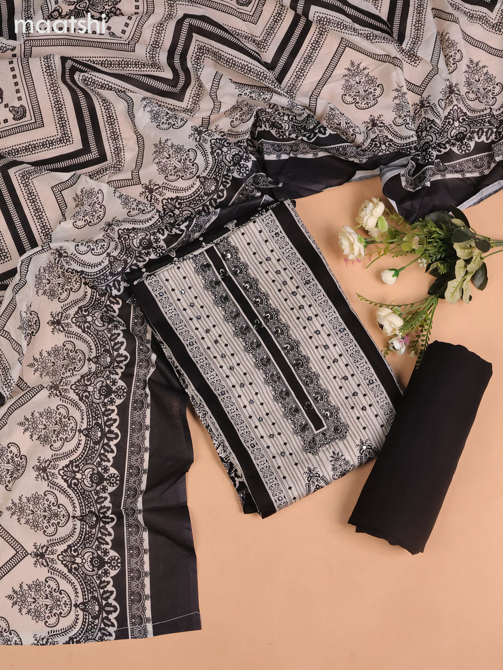 Cotton dress material black and beige with allover prints & sequin mirror work neck pattern and bottom & dupatta